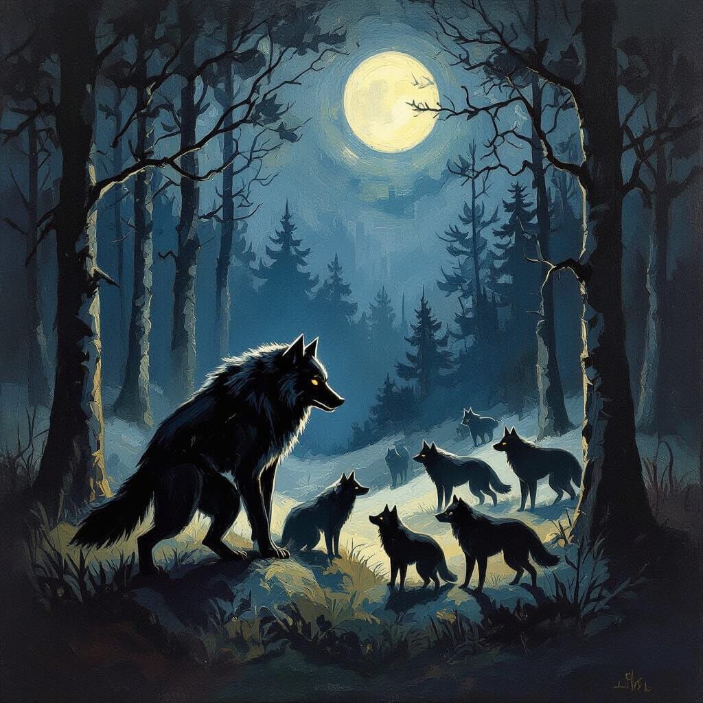 Expressionist Werewolf Howling with Pack in Moonlight