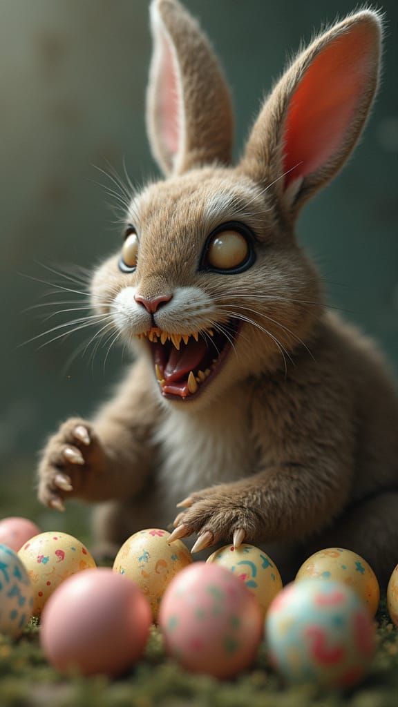 Easter Bunny Monster Reveals Sharp Fangs Amidst Easter Eggs