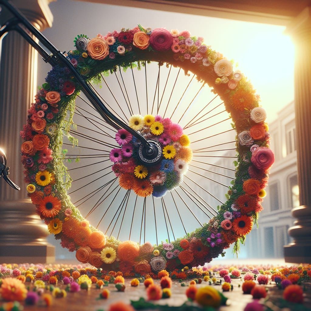 Floral Bicycle Wheel in Hyperrealistic Cinematic Style