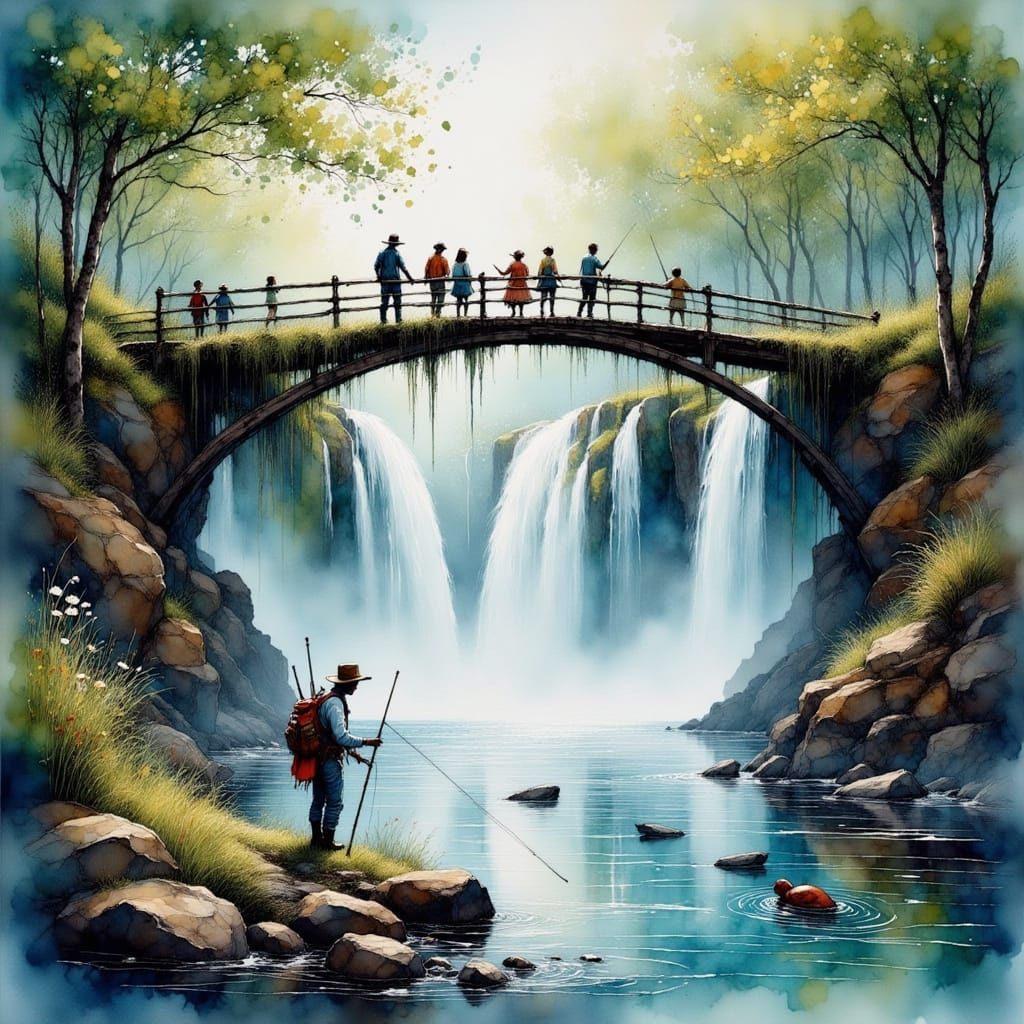 Fishermen at River Bend Waterfall in Impressionist Style