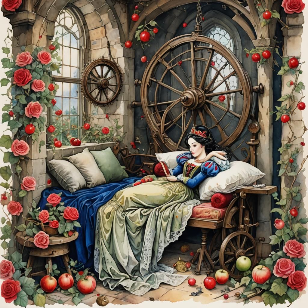 Snow White Sleeping with Apple: Watercolor Painting