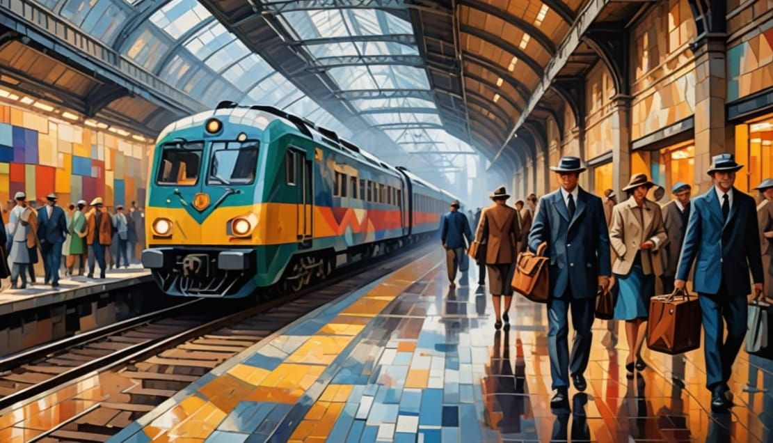 Cubist Railway Station in Vibrant Colors