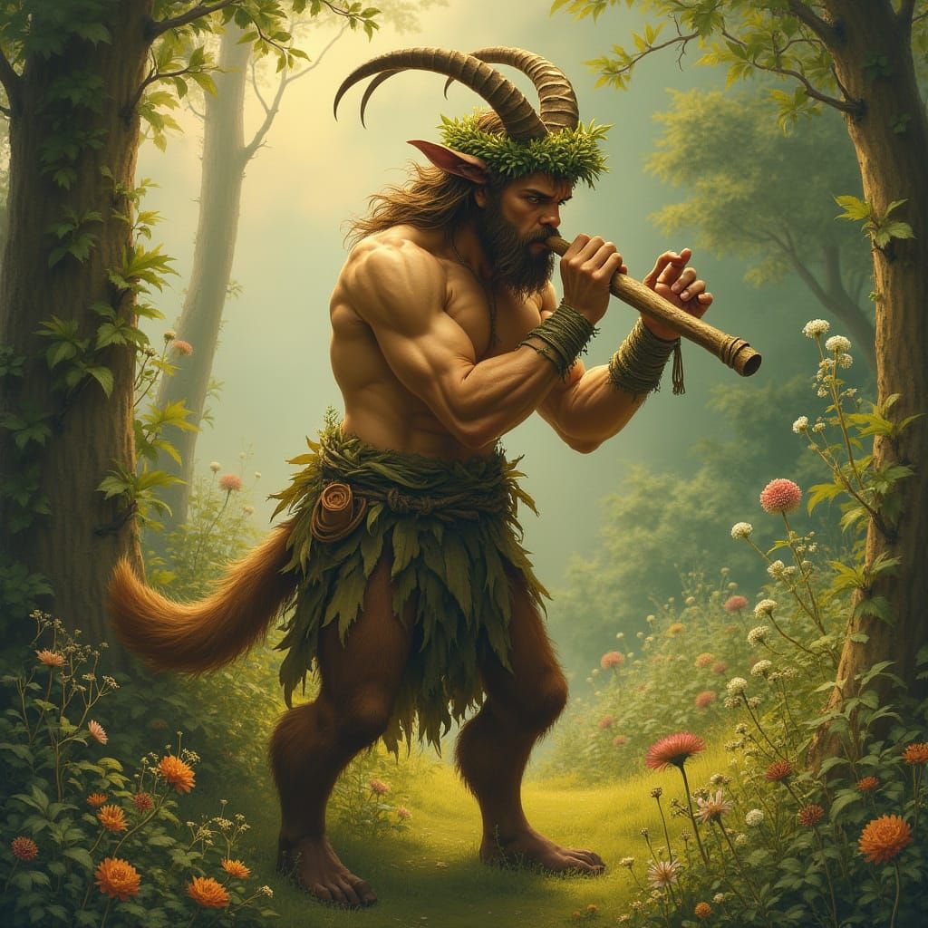 Satyr Pan Plays Reed Pipe in Lush Greenery