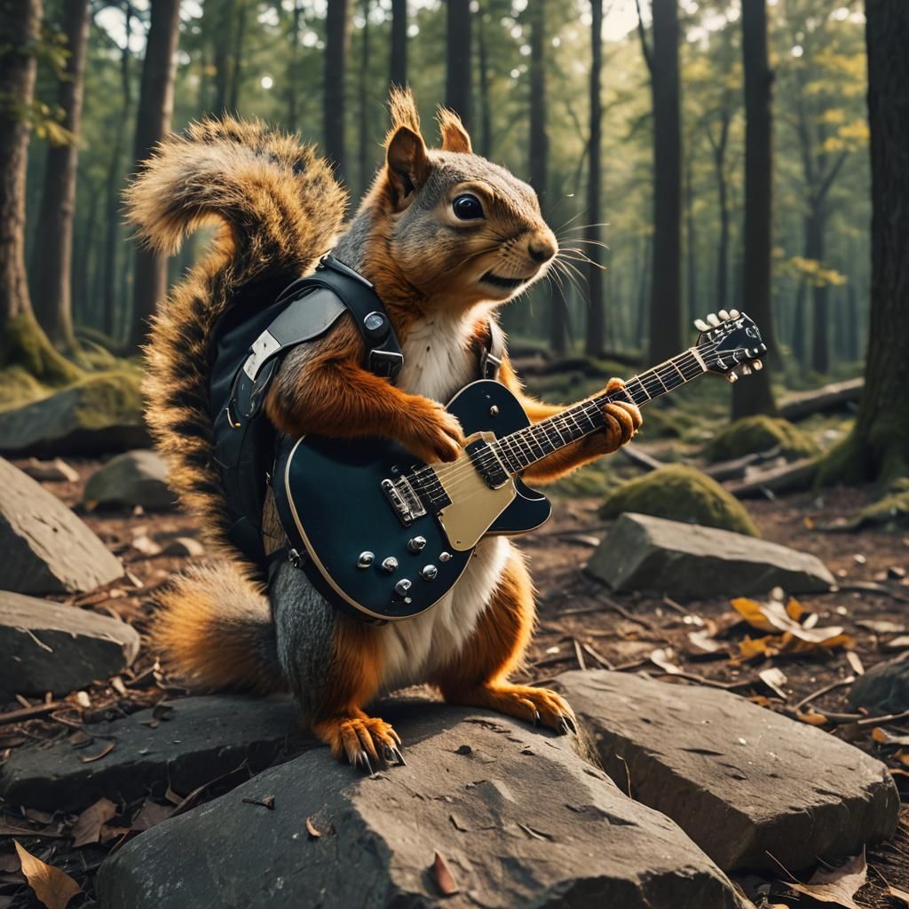 Squirrel Rocks Out on Guitar in a Film Still
