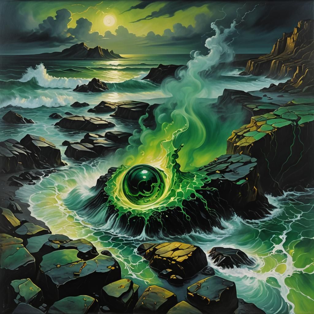 Green Tear on Black Rock: Surreal Oil Painting