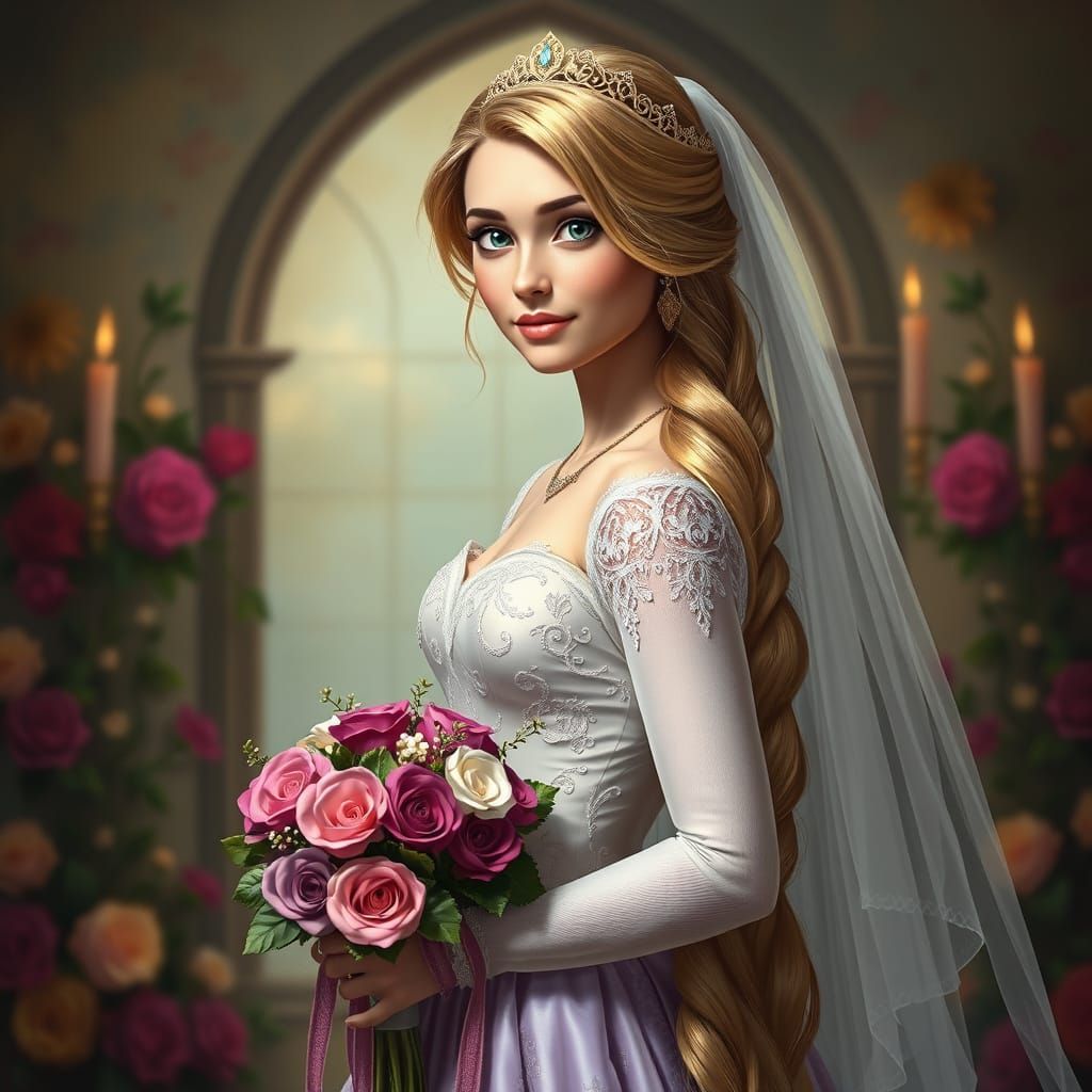Rapunzel's Elegant Wedding Portrait in Hyperrealistic Style