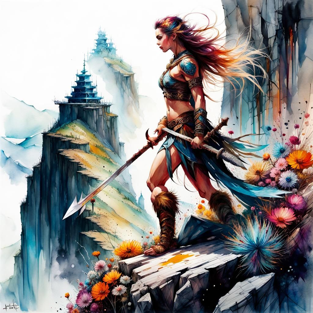 Fantasy Barbarian on Cliff in Watercolor Style