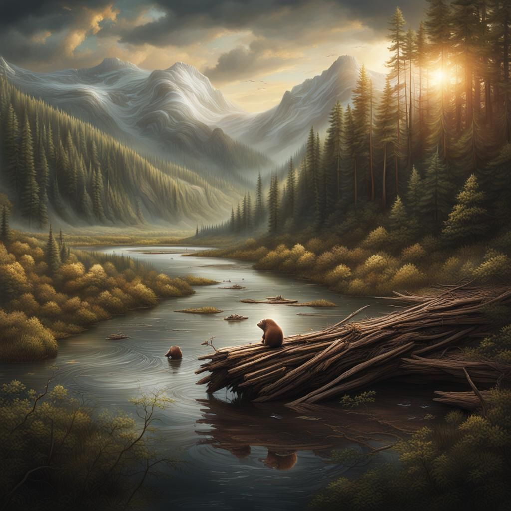 Beaver Building a Dam: Digital Matte Painting