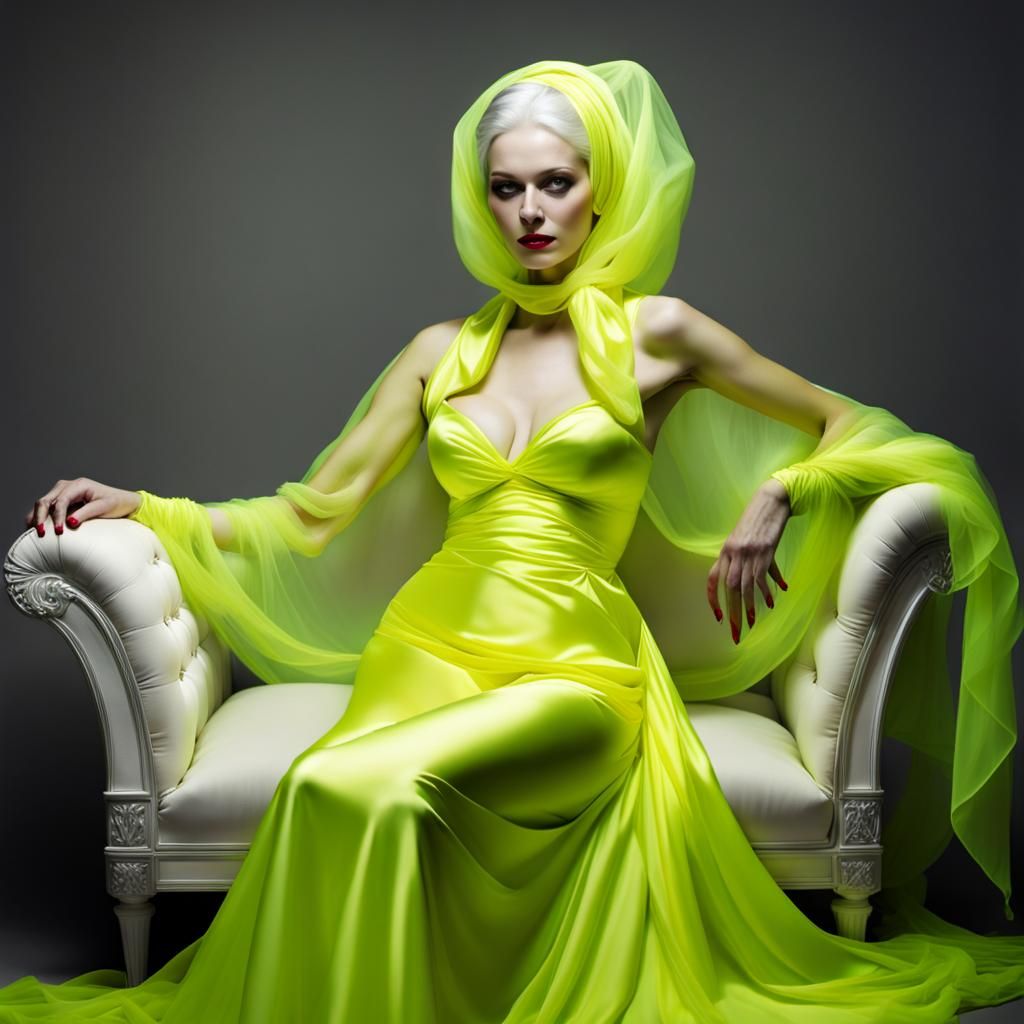 Bright Fluorescent Yellow Neon. Mature White Statuesque Woma...
