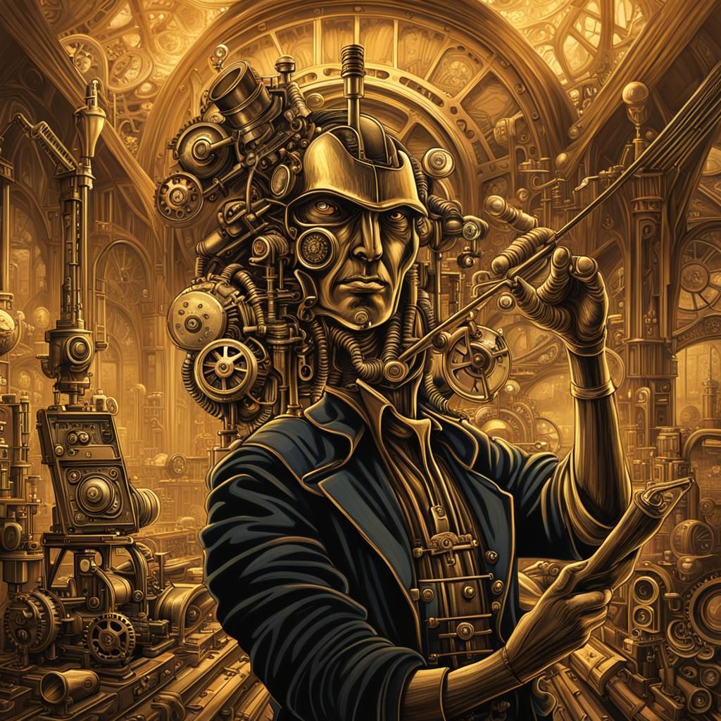 Steampunk Inventor Crafts Intricate Engine in Warm Light