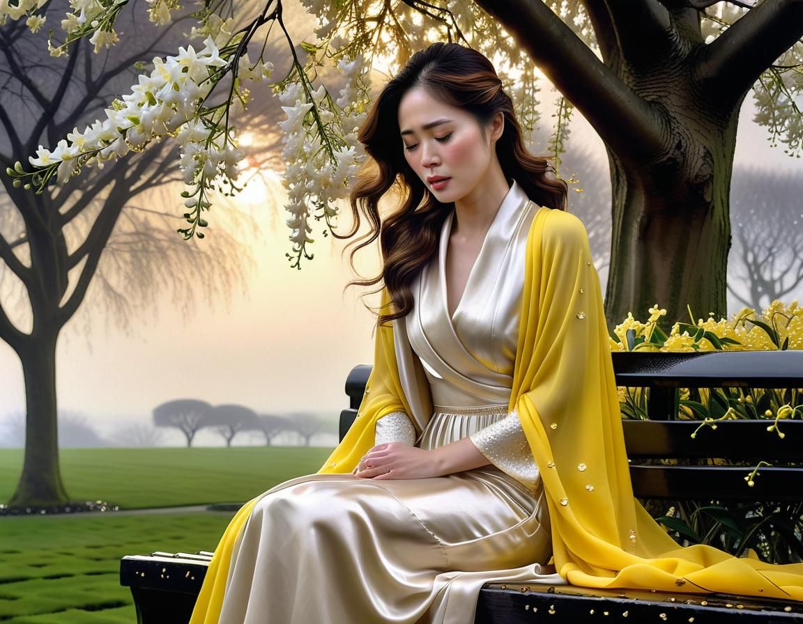 Chiaroscuro Oil Painting of Woman in Garden