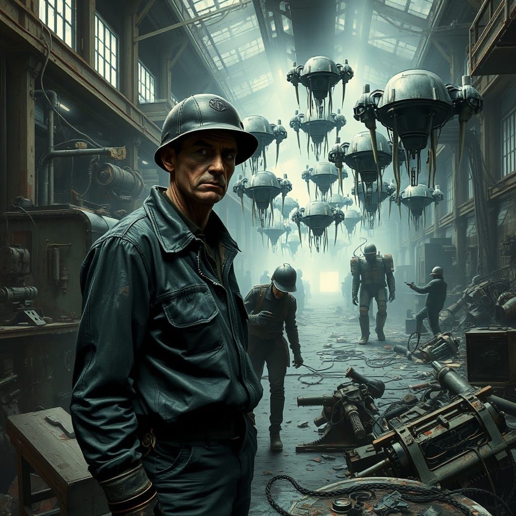Dystopian Worker Surrounded by Deadly Drones in Gritty, Indu...