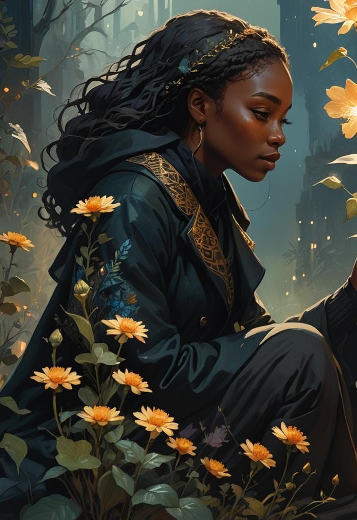 Girl in Black Coat Crouching Over Flower