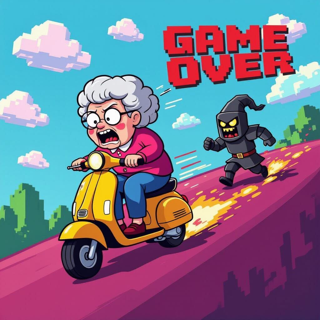 Granny's Pixelated Scooter Escape from Banana Knight
