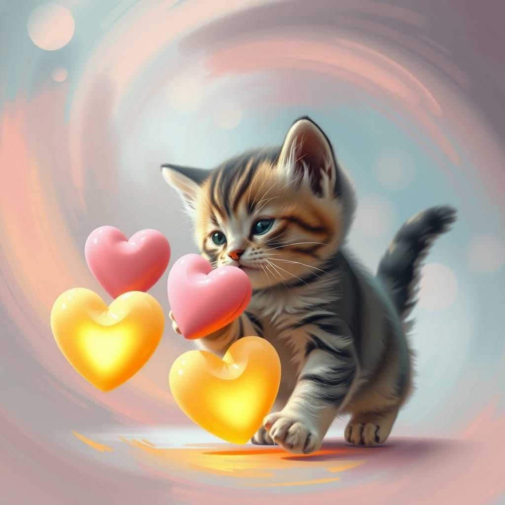 Whimsical Kitten in Vibrant, Dreamlike Scene