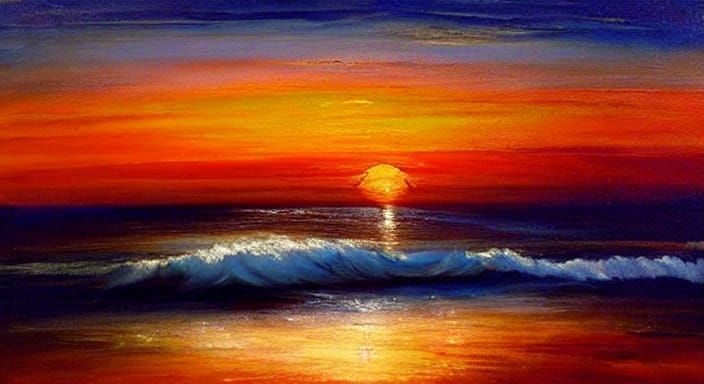 Dramatic Coastal Sunset Oil Painting Reflecting Fiery Skies