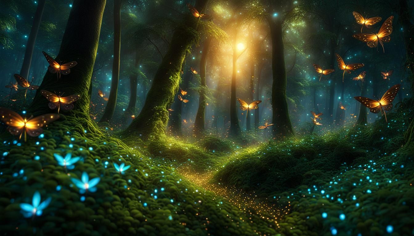 Magical Forest with Fireflies in Photorealistic Detail
