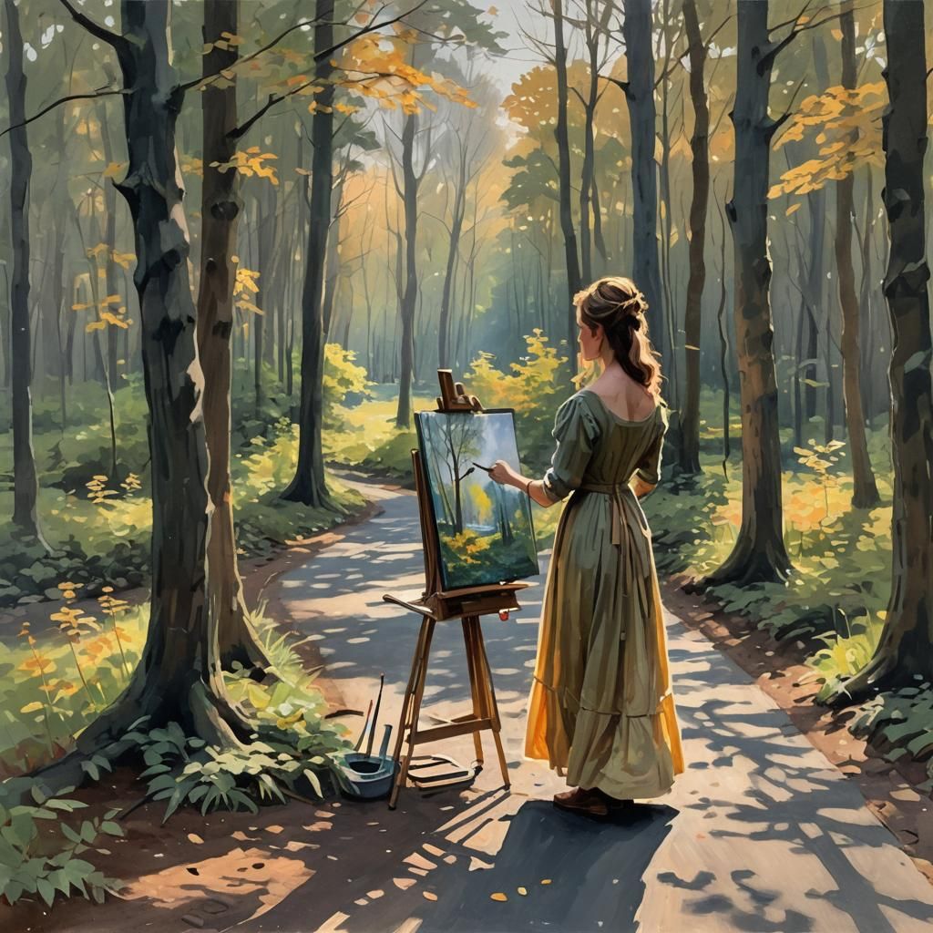 Impressionistic Girl Repaints Forest at Easel