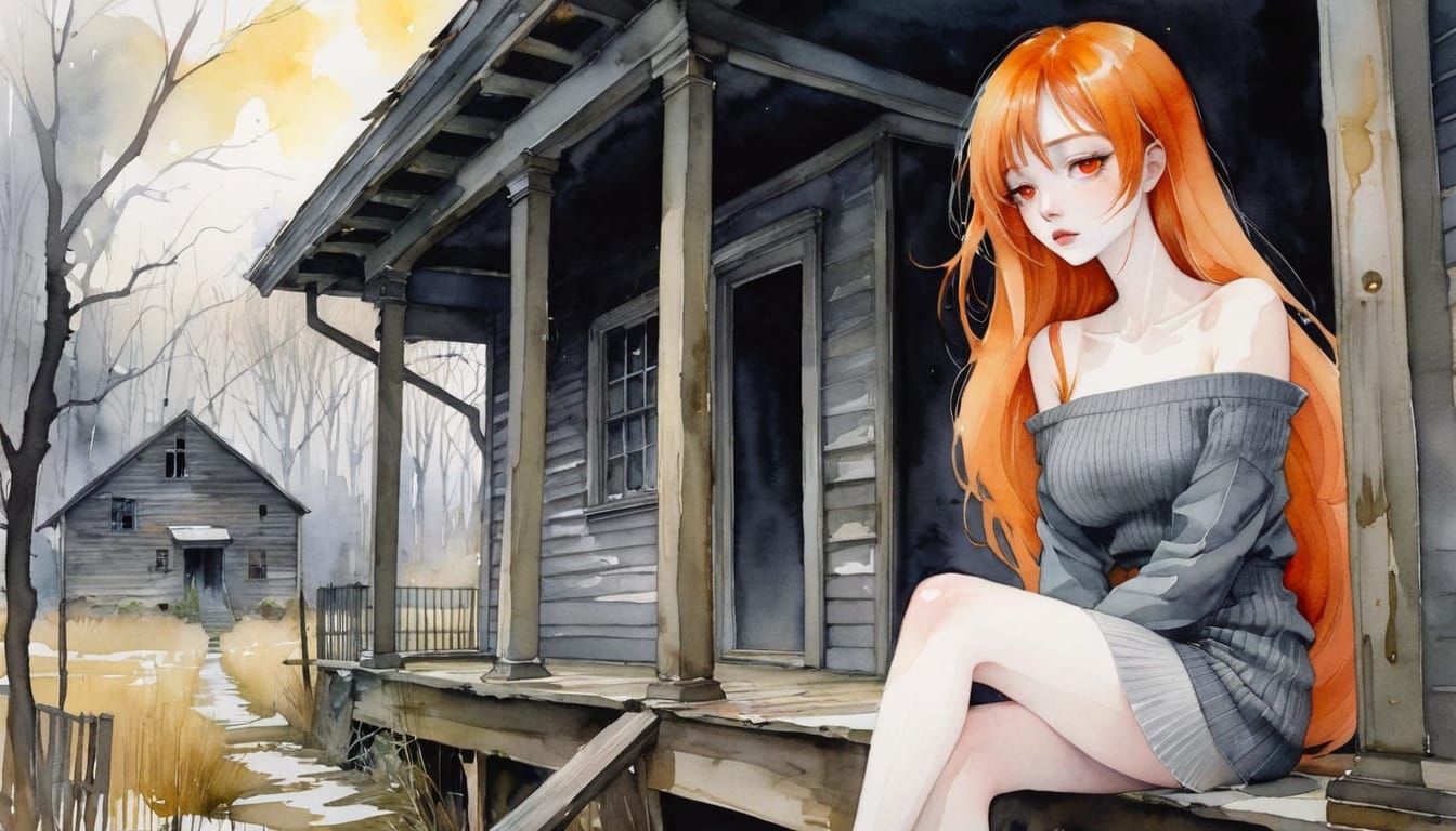 Whimsical Woman with Orange Hair on Rundown Porch