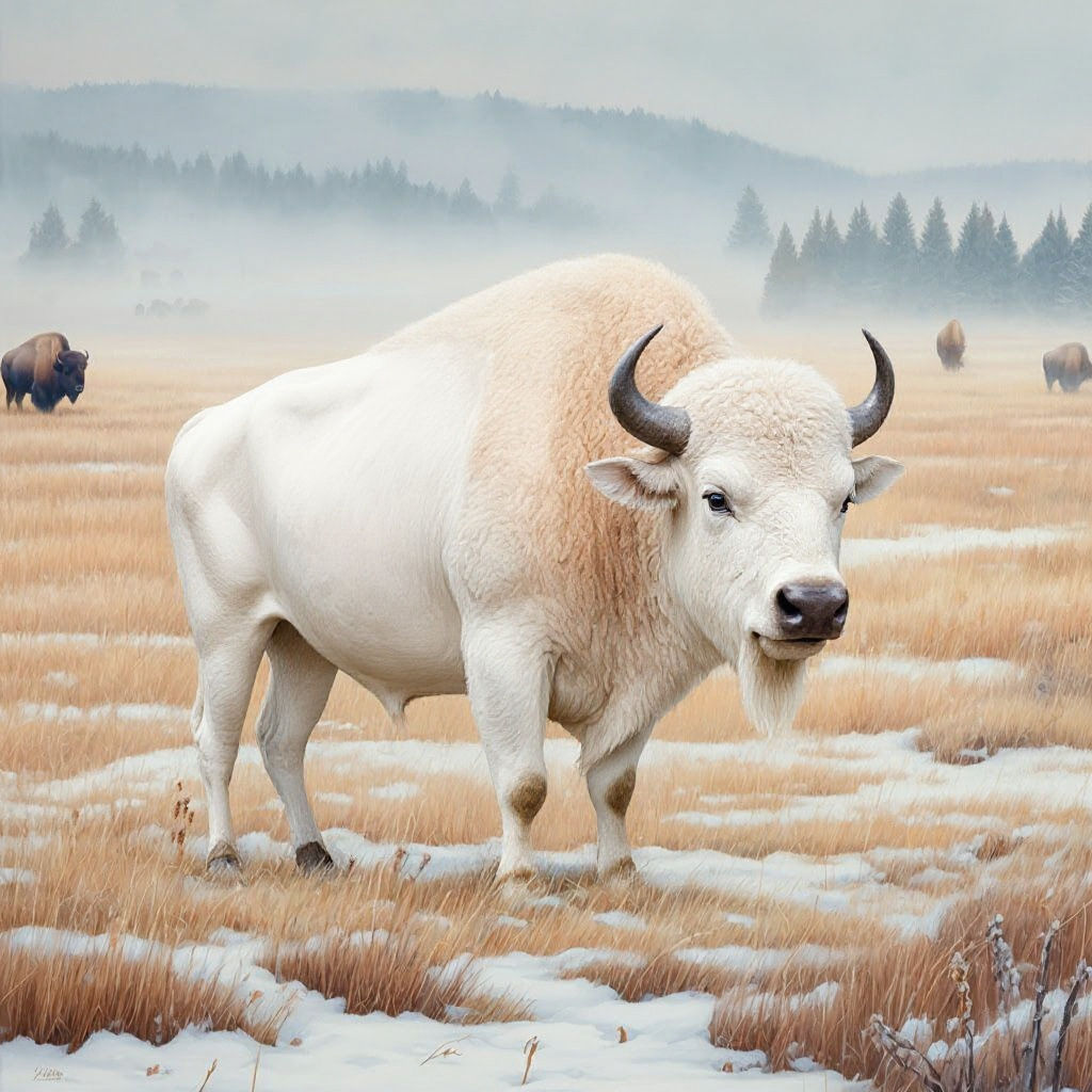 Bison Herd Grazing on Snowy Prairie with Albino