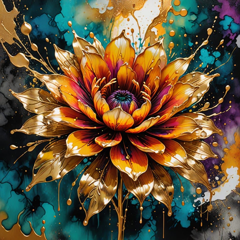 Vibrant Abstract Flower with Gold Accents