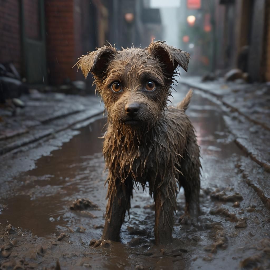 Curious Alley Puppy in the Rain, Detailed Digital Art