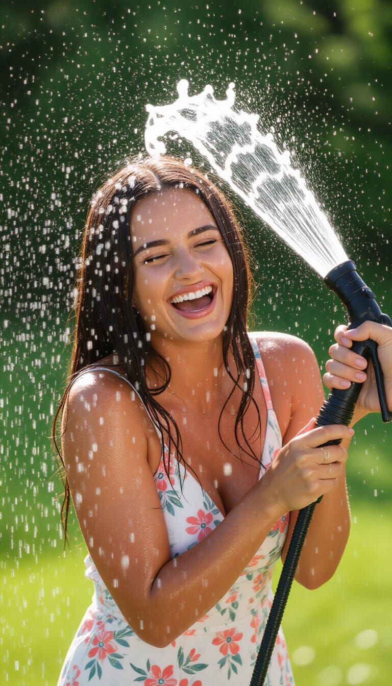 Woman Laughs Defending Against Water Hose Spray
