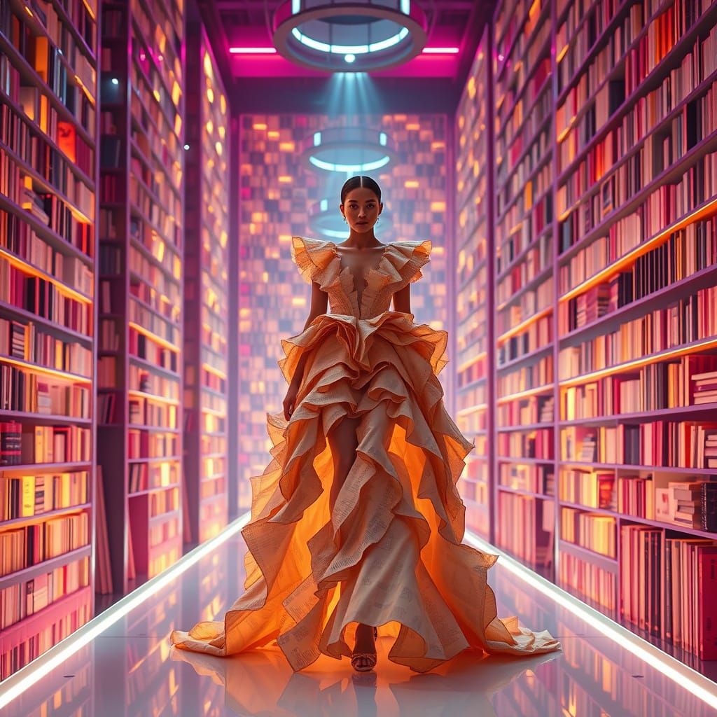 Futuristic Library Fashion Show in Neon Lights