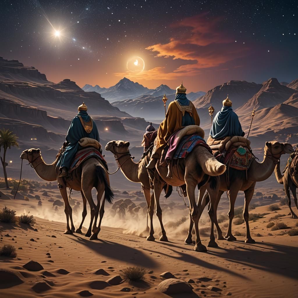 Three Wise Men Follow Bethlehem Star at Night