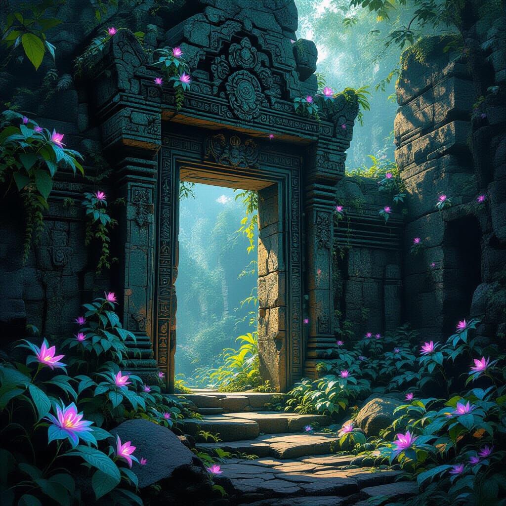 Bioluminescent Temple Doorway in Ethereal Style