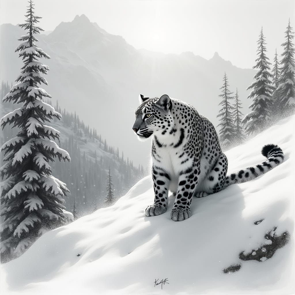 Snow Leopard in Charcoal Drawing Radiates Under Sunlight