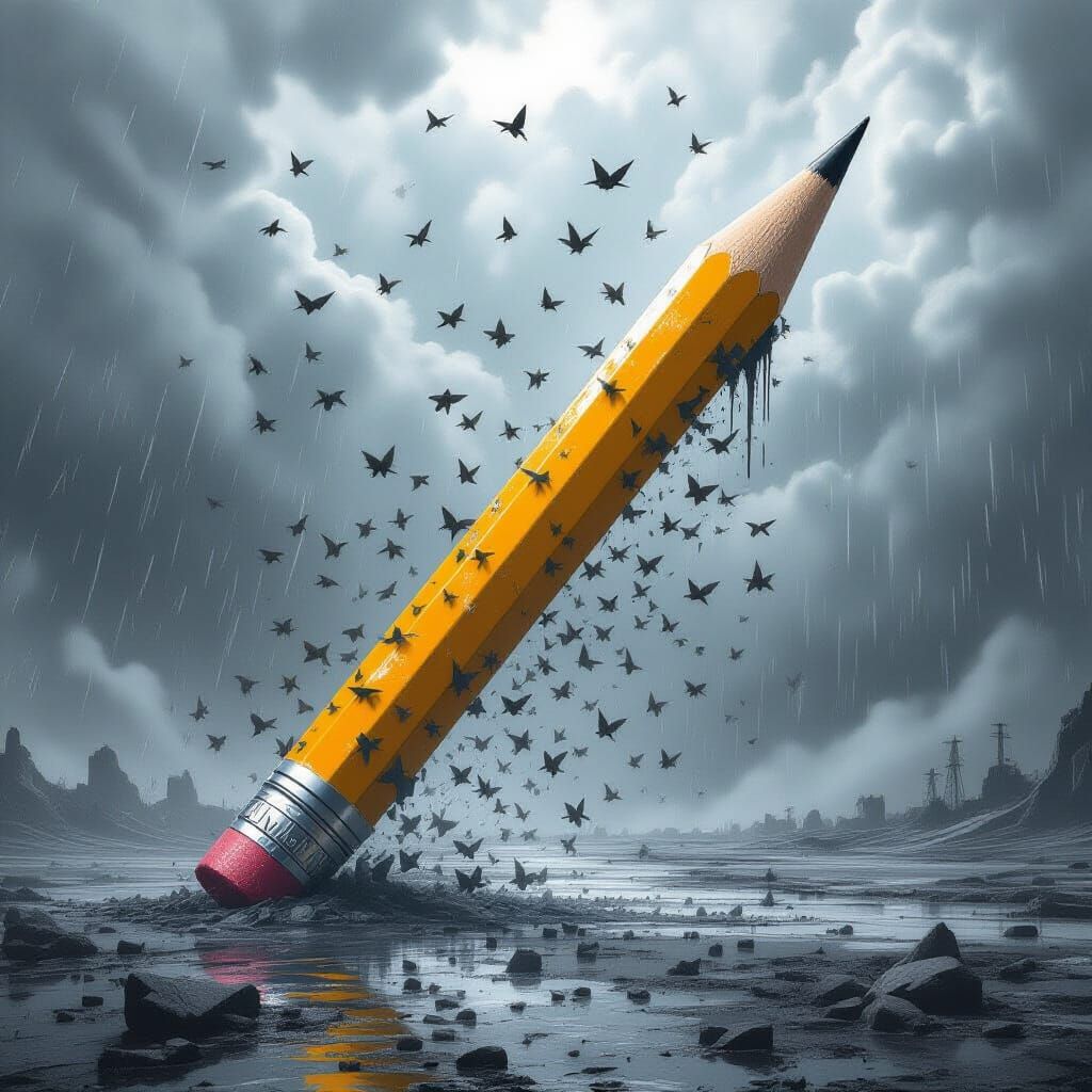 Giant Pencil Monument in Post-Apocalyptic Landscape