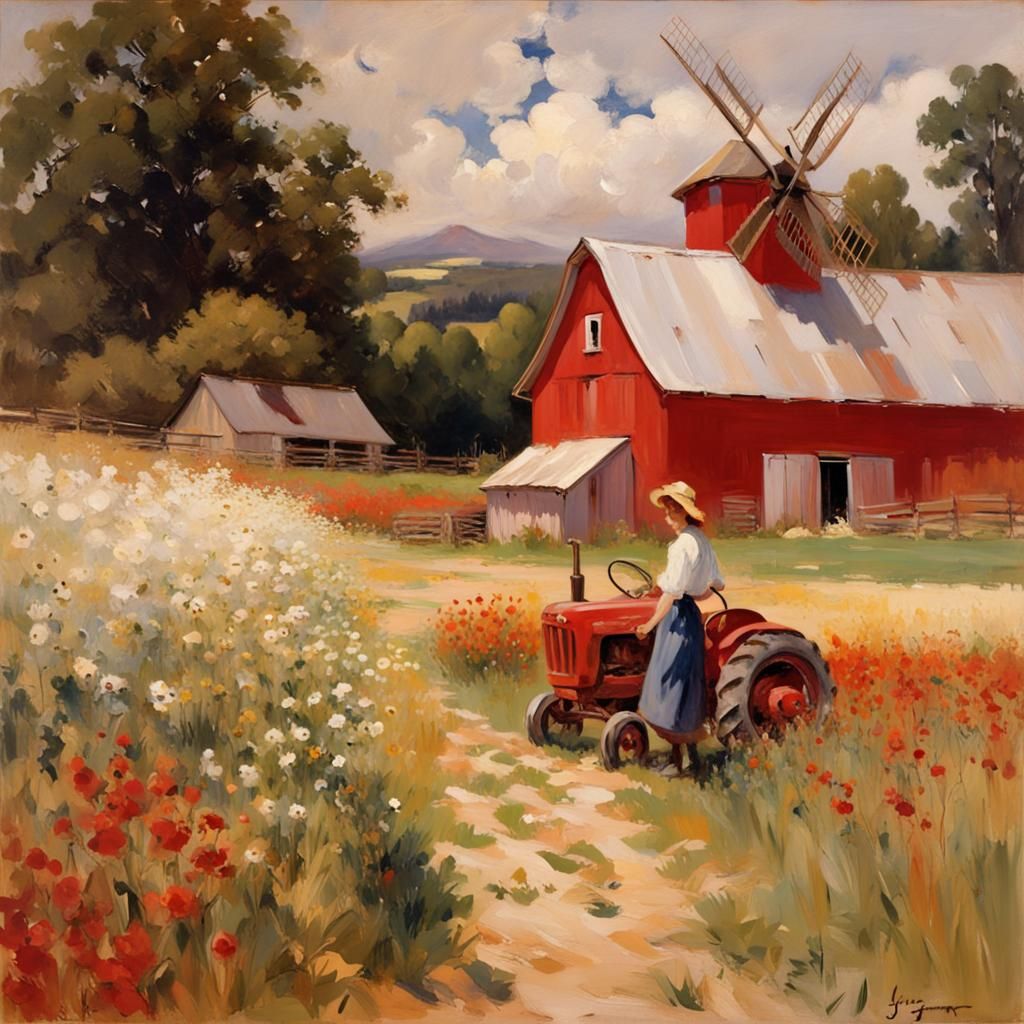 Idyllic Farm Life: Oil Painting in Cottage-Core Style