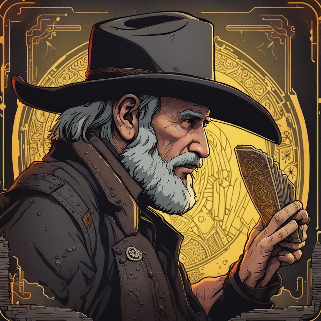 Cowboy Tarot Card in Cyberpunk 2099 Style