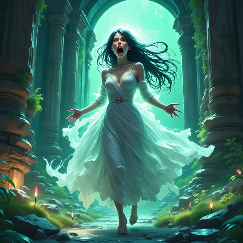 Furious Spirit Haunts Ancient Ruins in Fantasy Art