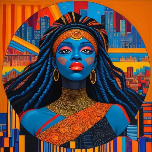 Faith Ringgold Inspired Black Woman Over Cityscape Painting