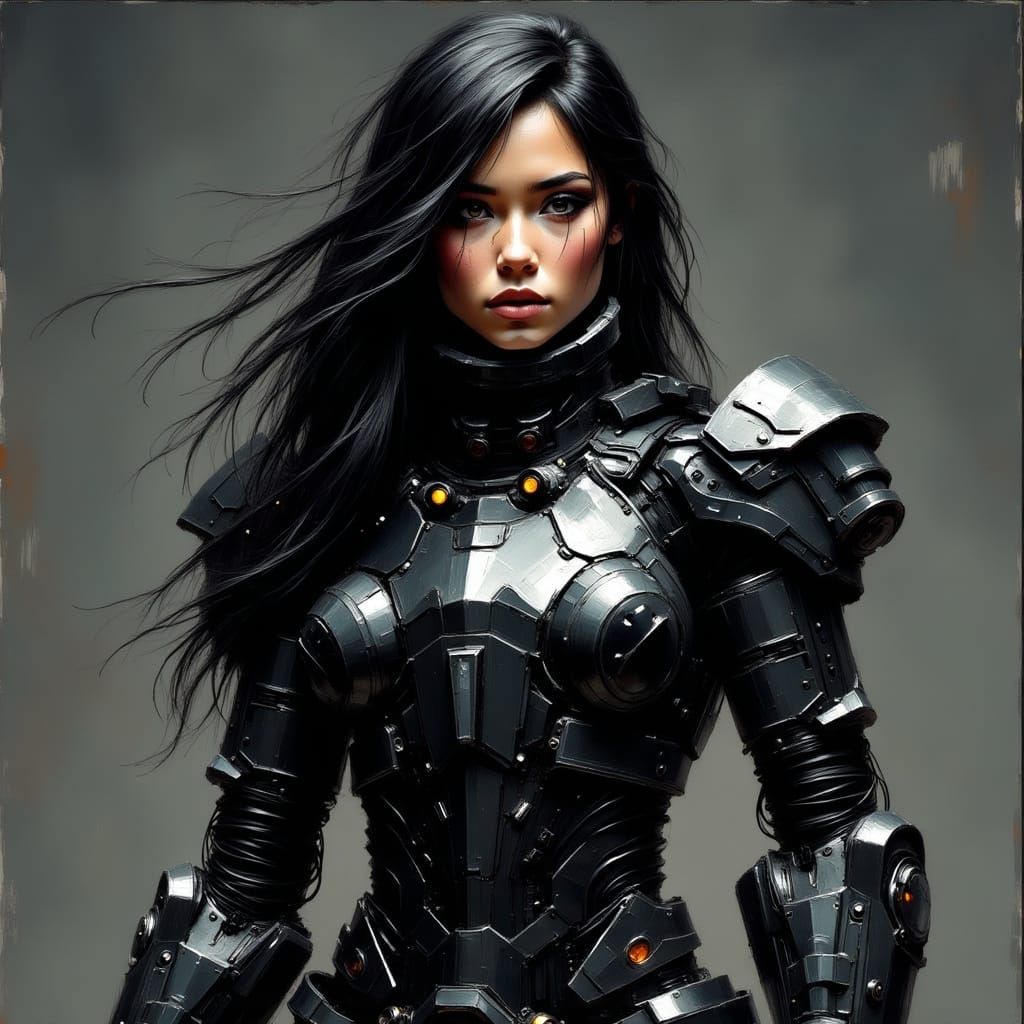 Cybernetic Warrior in Impasto Grunge Style