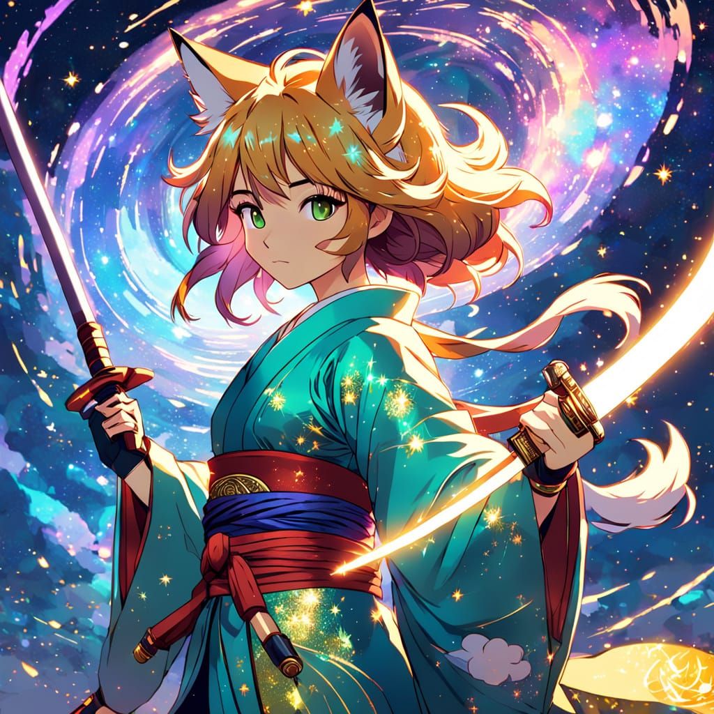 Anime Fox-Girl Katana in Galaxy, Shinkai Style
