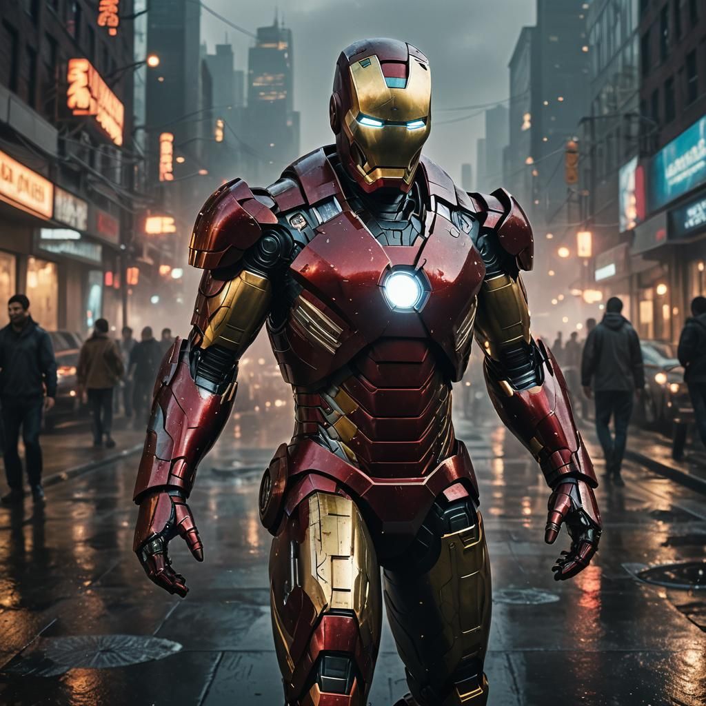 Heroic Iron Man in Gritty Cityscape
