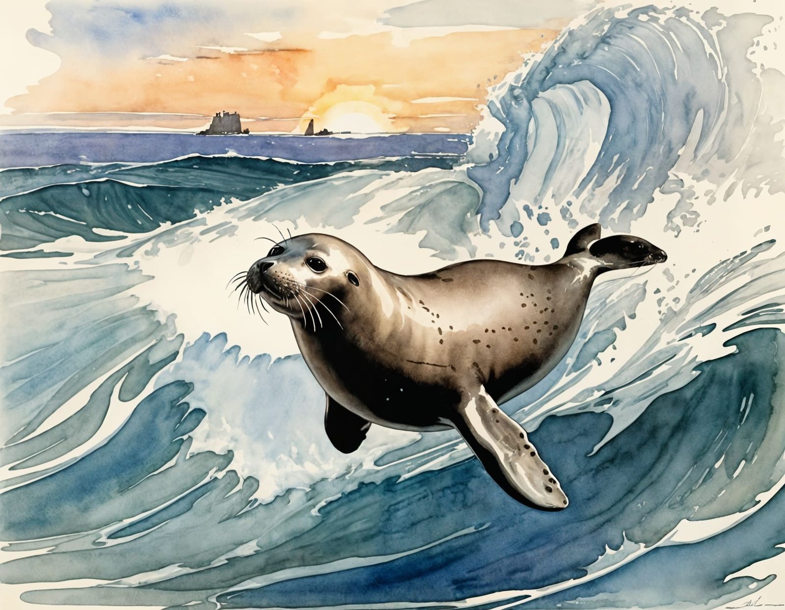 Seal Breaching Ocean: Moebius Wyeth Watercolor