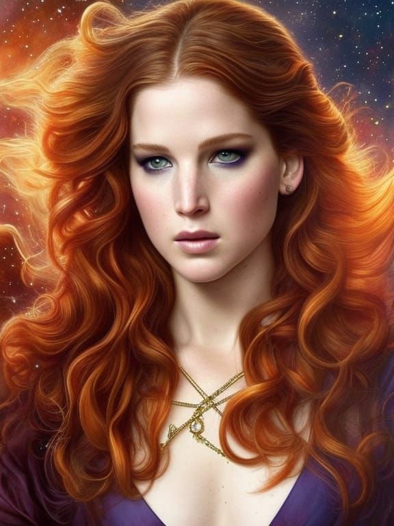 Cosmic Goddess Portrait with Flowing Red Hair