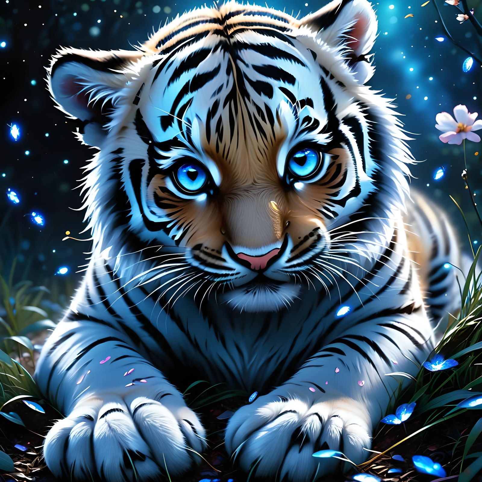 Adorable Tiger Cub in a Dreamy Night Landscape