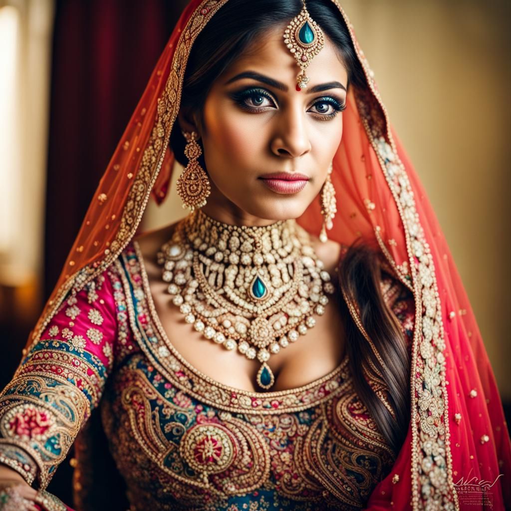 Indian Bride in Colorful Embroidered Lehenga