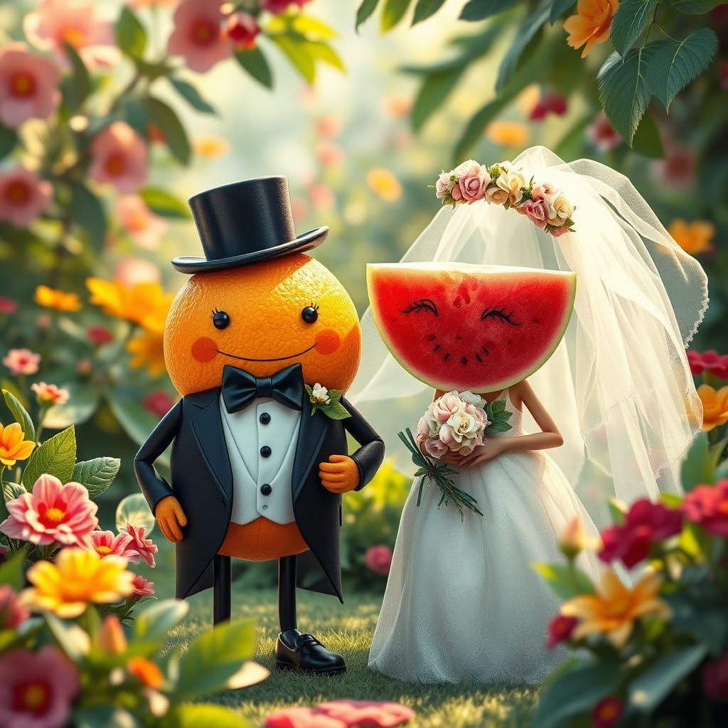Elegant Mandarin Orange Marries Watermelon Bride in Whimsica...