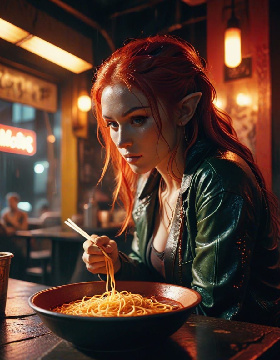 Cyberpunk Elf in Noodle Bar