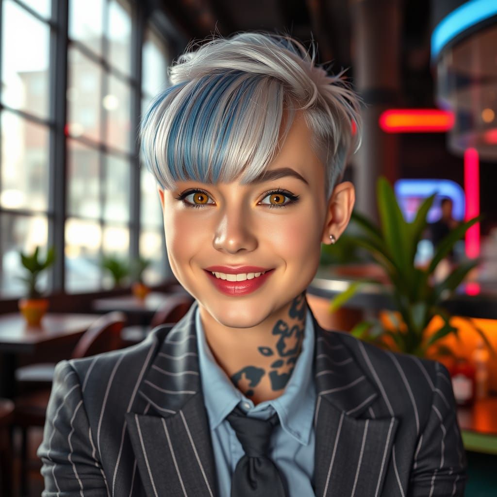 Woman with White Hair in Futuristic Bar