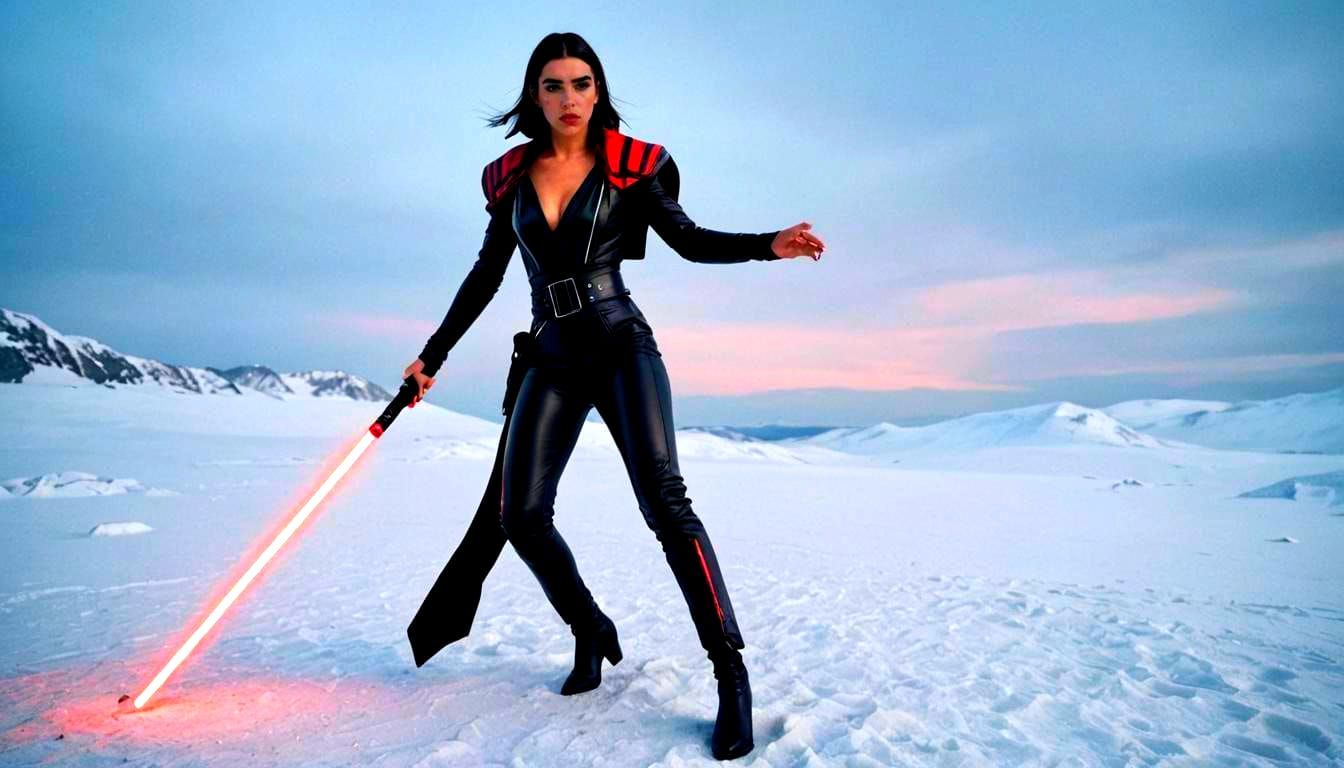 Sith Lady in Icy Landscape with Lightsaber