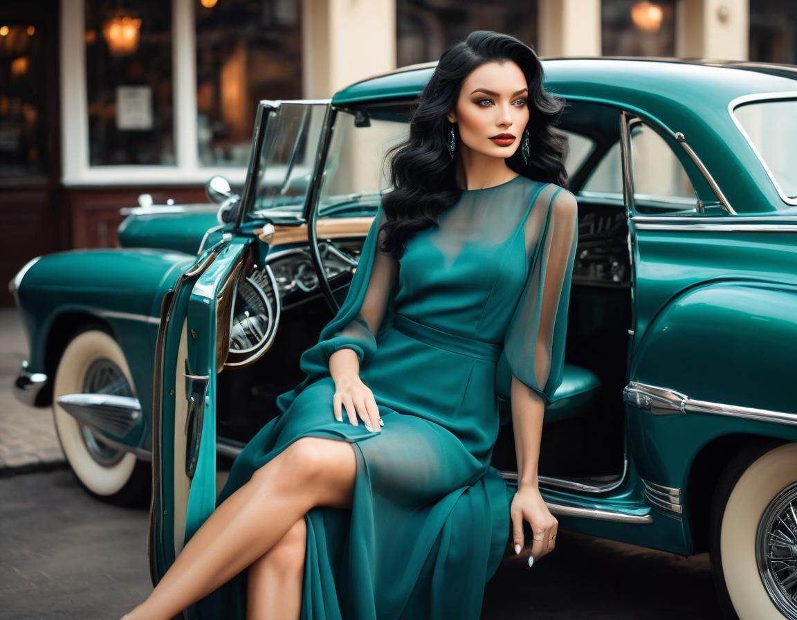 Woman Admiring Vintage Car in Art Nouveau Style