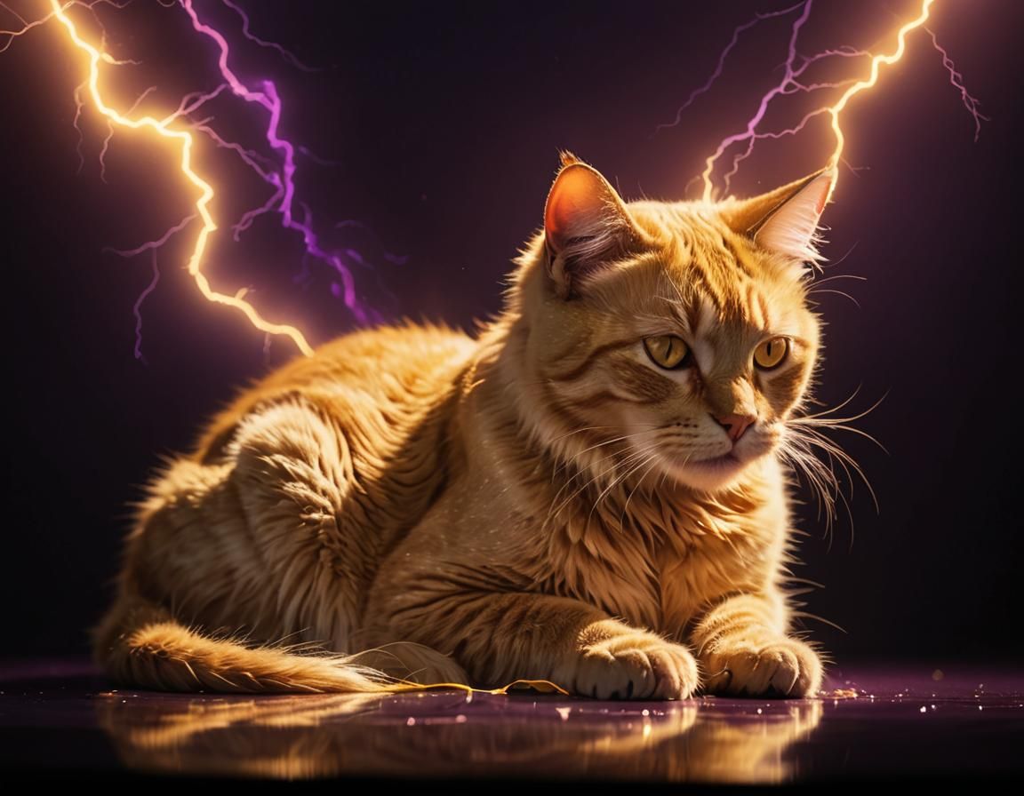 Glowing Cat with Golden Lightning on Reflective Surface