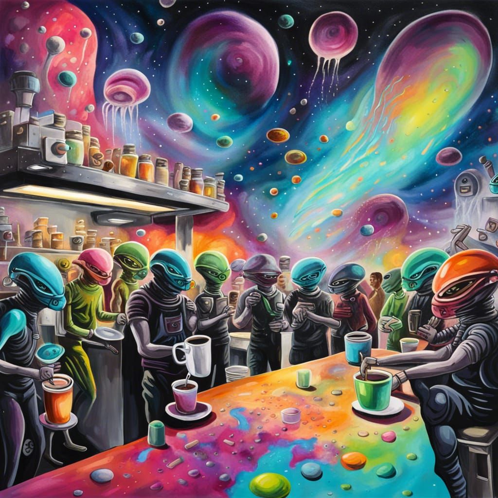 Bustling Alien Coffee Shop in Space, Graffiti Art